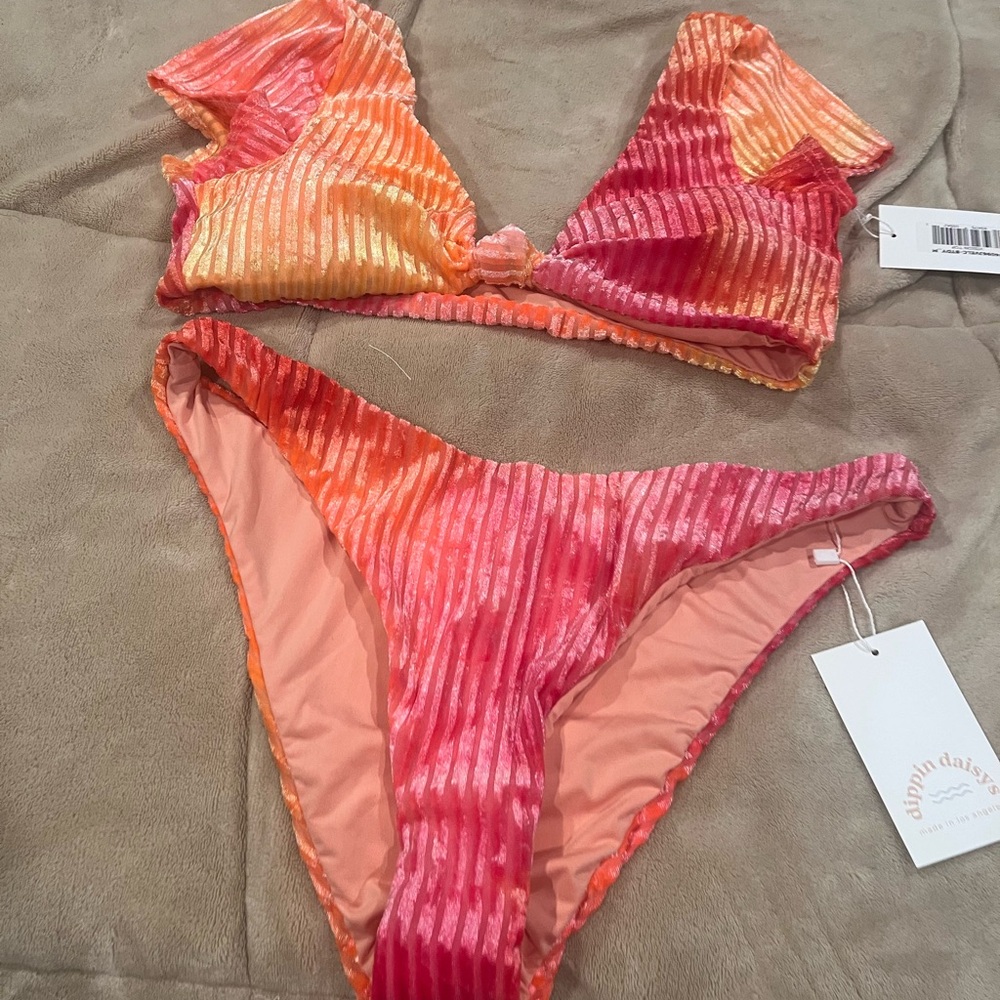 Dippin' Daisy's Pink Orange Ribbed Velvet Bikini Set